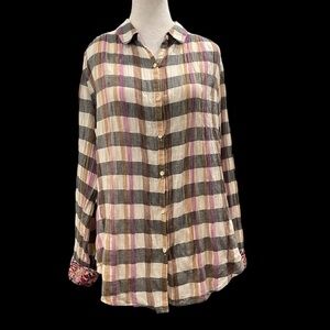 Anthropologie Isabella Sinclair M checkered top with lace back contrast cuff
